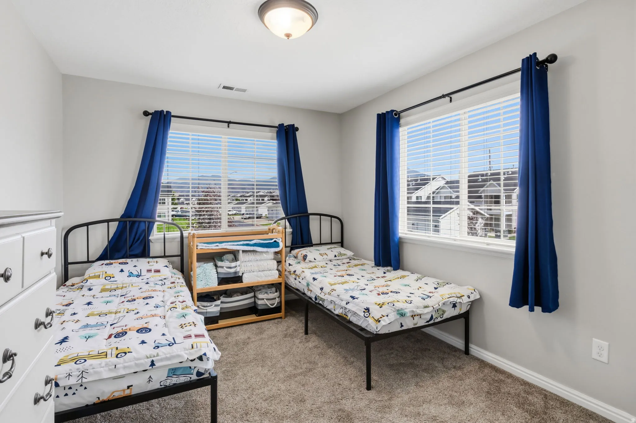 Carpeted room with a ceiling-mounted light fixture, two windows, and neutral wall paint