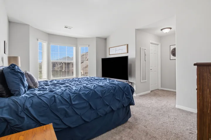 Bay window with multiple panels, neutral carpet flooring, recessed ceiling light, and a built-in closet with a white paneled door
