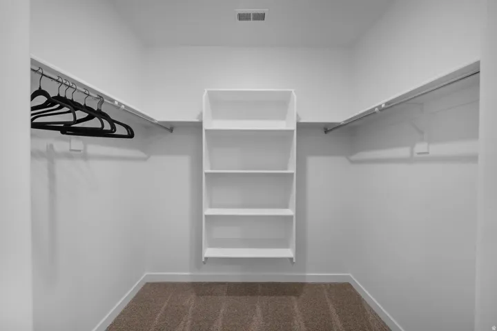 Walk-in closet featuring built-in shelving, dual hanging rods, and carpet flooring