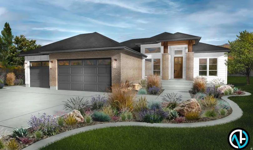Brick and siding exterior with a dark shingle roof