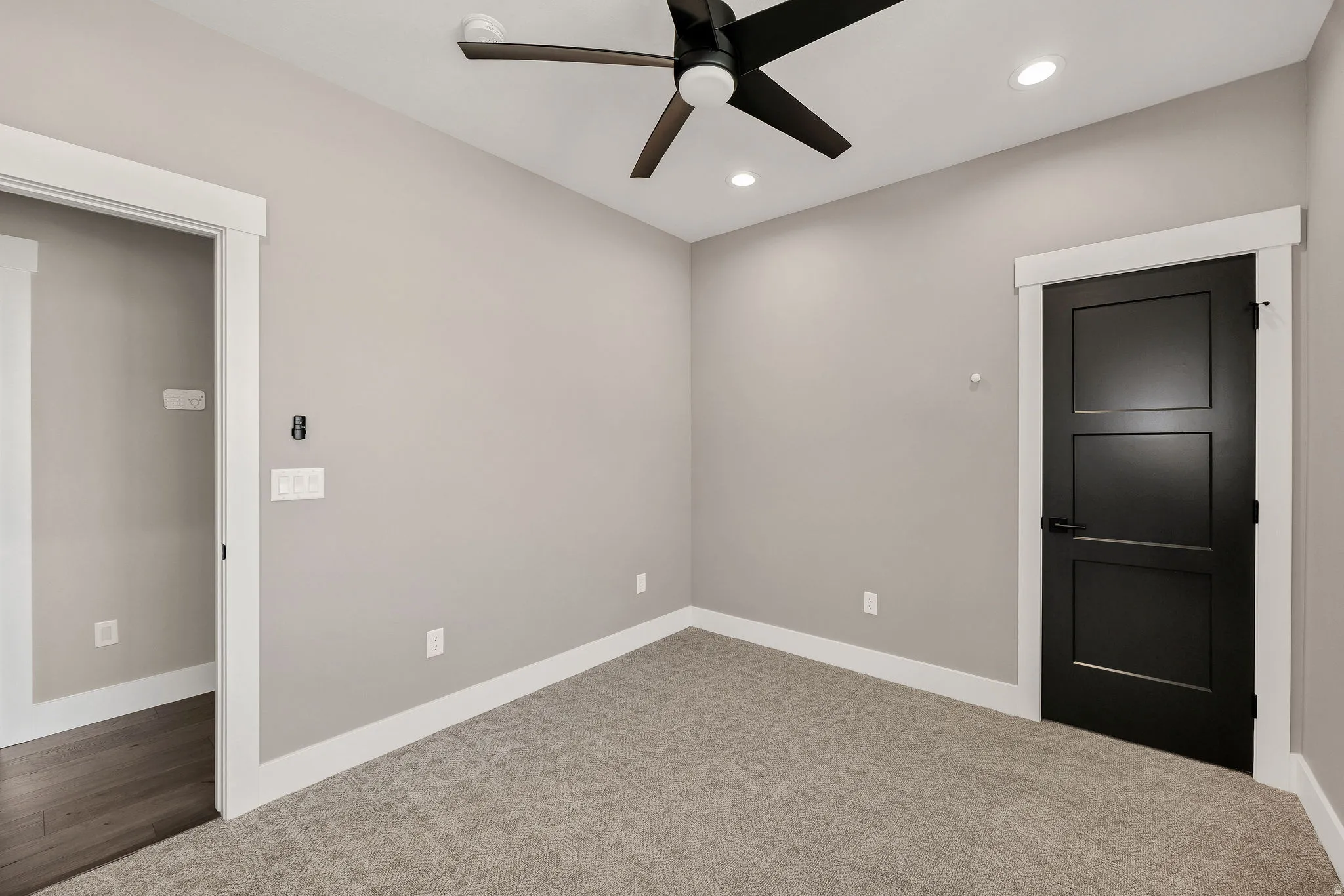 Recessed lighting, ceiling fan, dark panel door, and plush carpeting