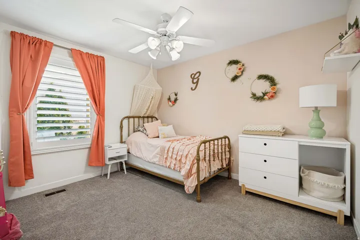 Plush carpet flooring, a ceiling fan with integrated lighting, and window plantation shutters