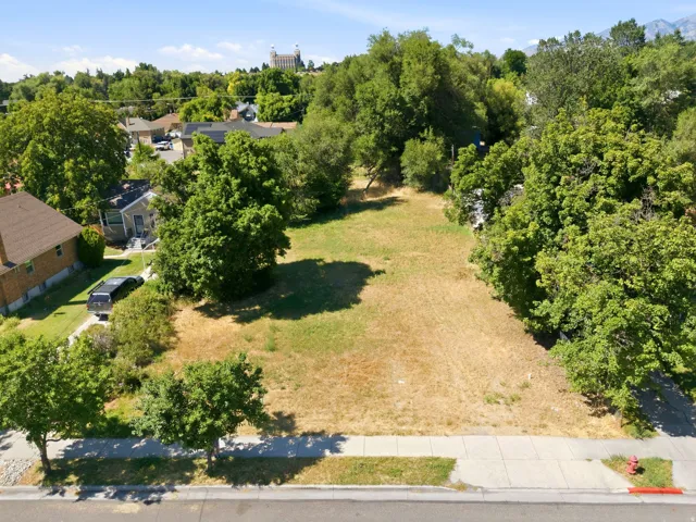 Expansive undeveloped lot featuring mature trees, a sidewalk, and street frontage