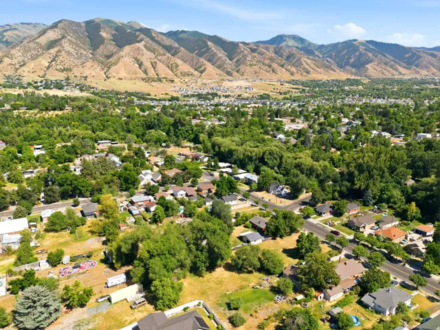 Expansive mountain backdrop with a residential neighborhood featuring mature trees and established homes