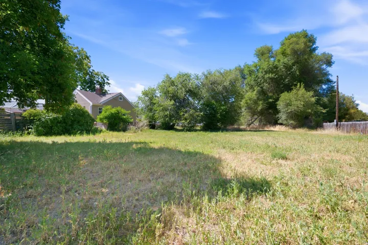 Expansive grassy lot featuring a modest residence with a gabled roof and a brick chimney, surrounded by mature trees