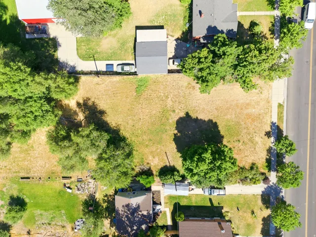 Cleared lot with mature perimeter trees, adjacent to a paved street with sidewalks