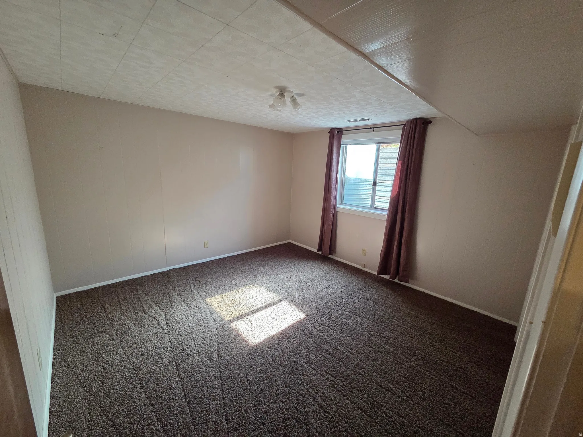 Carpeted flooring, window with blinds, ceiling-mounted light fixture, and paneling accents
