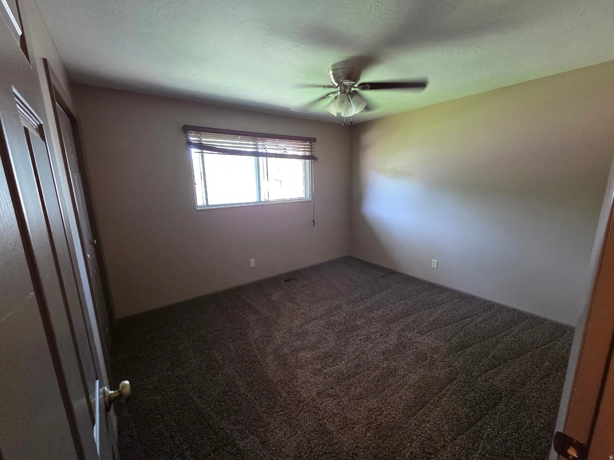 Textured carpeting, window with blinds, ceiling fan with light fixture, and neutral wall tones