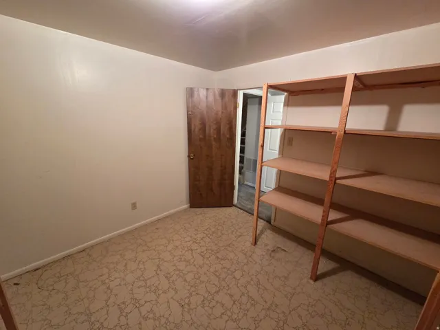 Built-in shelving unit providing ample storage, neutral wall paint, and wood-finish door