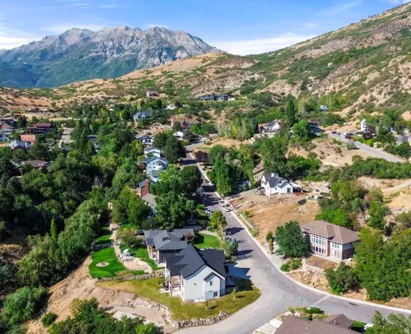 Mountainous backdrop with a residential street, surrounded by established trees