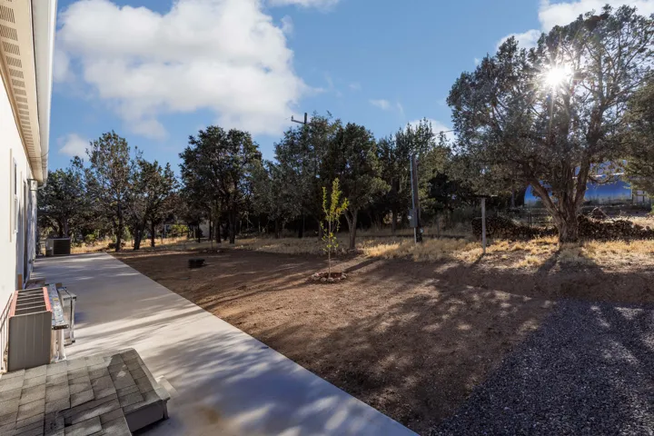 Expansive outdoor area featuring a concrete patio, a gravel pathway, and mature trees