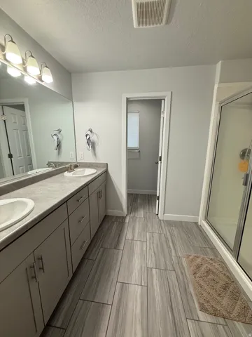 Dual basin vanity with light gray cabinetry, light gray countertops, and tile flooring
