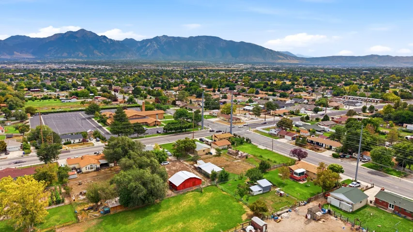 Expansive residential area with mature trees and mountain scenery