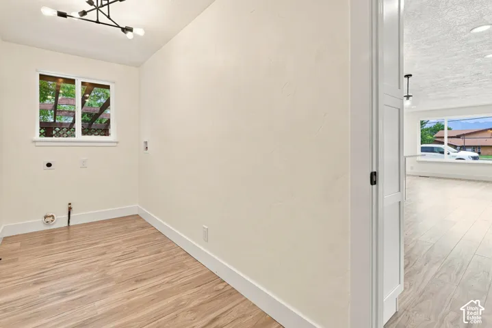 Wood-finish flooring, white trim, and a modern light fixture
