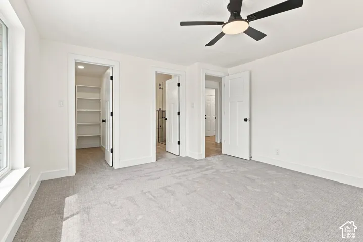 Plush gray carpeting with white walls, a built-in closet with shelving, a contemporary ceiling fan, and white doors with black hardware