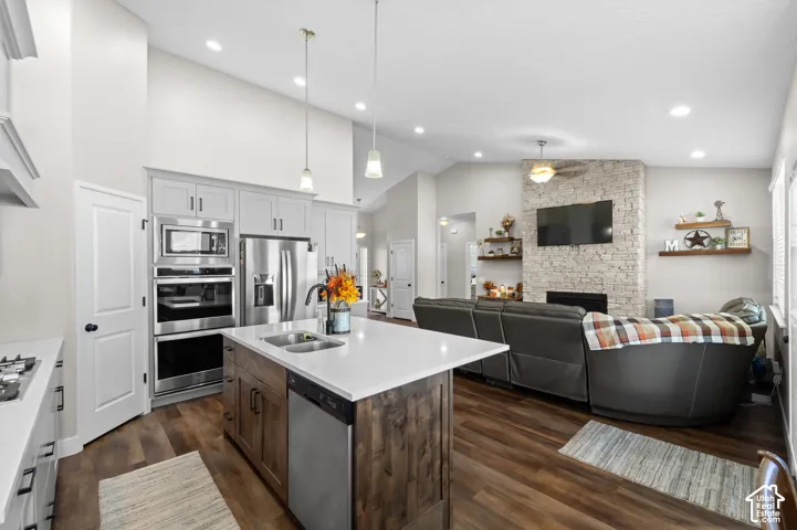 Vaulted ceilings with recessed lighting, wood-finish flooring, a kitchen island with a double sink, a stone fireplace, and stainless steel kitchen appliances