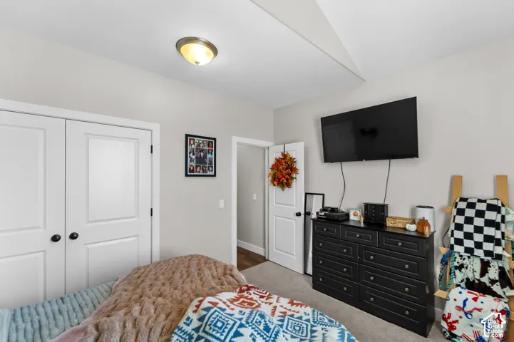 Recessed ceiling light fixture, white interior doors with black hardware, and carpeted flooring