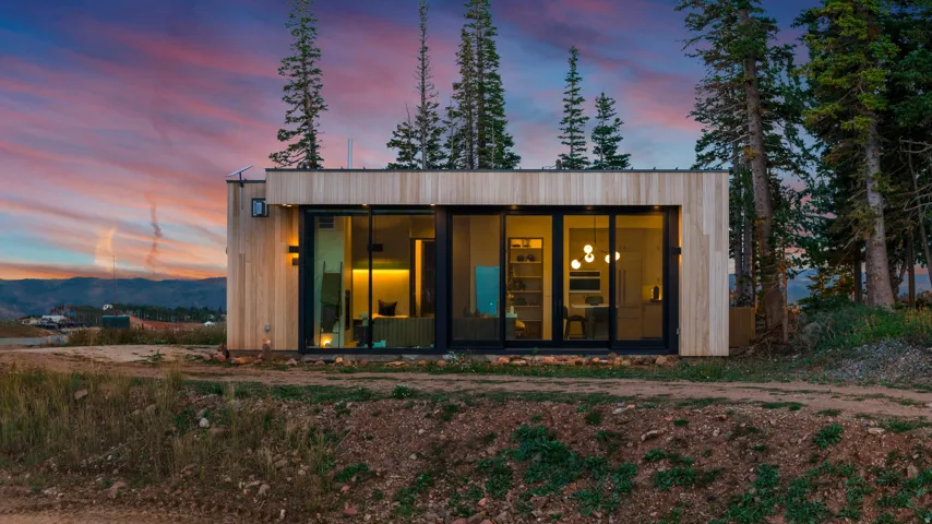 Modern exterior with wood-finish siding, large sliding glass doors, and a flat roof