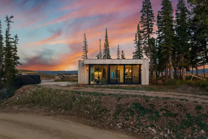 Modern single-story residence featuring light wood-panel siding, large glass sliding doors, and surrounding mature evergreen trees