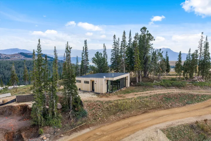 Modern architecture with light wood paneling, floor-to-ceiling windows, and a flat roof
