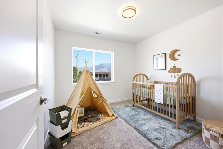 Neutral wall paint, plush carpet flooring, recessed window, and flush mount lighting