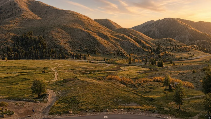 Expansive natural landscape with rolling hills, mature trees, and a winding unpaved road
