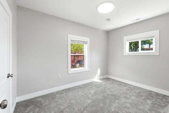 Plush carpet flooring, light gray wall paint, two windows with white trim, and a ceiling-mounted light fixture