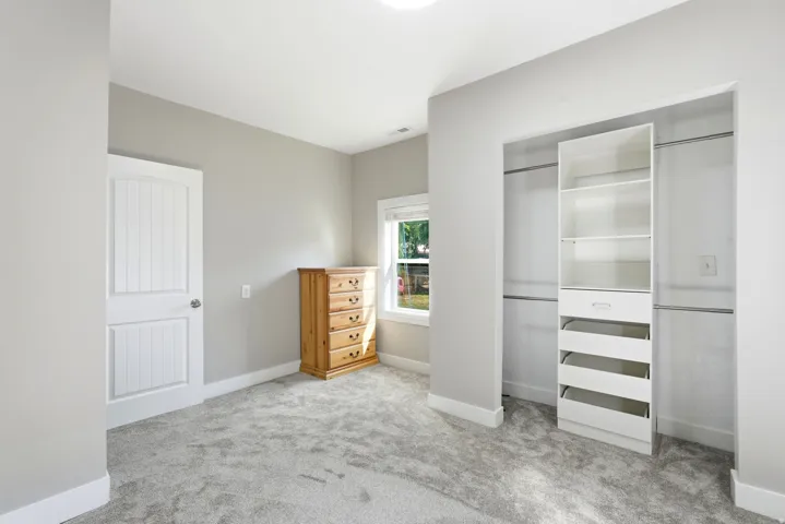 Plush carpet flooring, a white paneled door, a single window, and a built-in closet organization system featuring shelves and drawers
