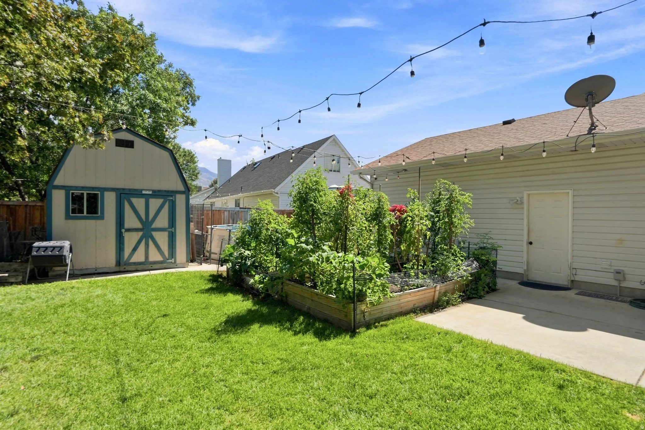 Expansive green lawn, raised garden beds, and a detached shed
