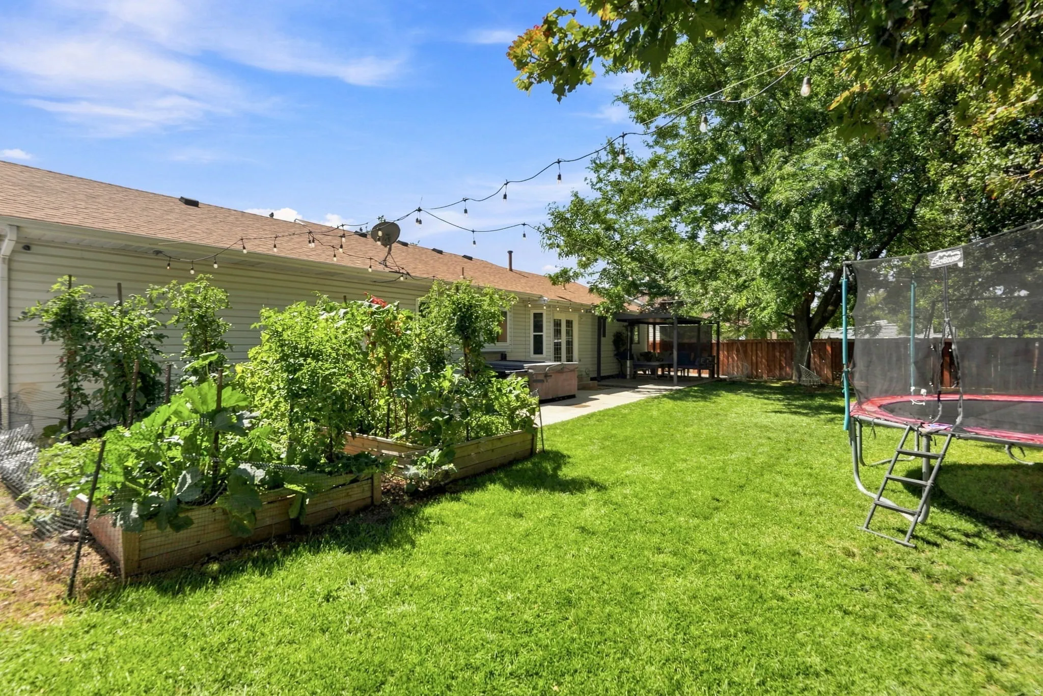 Expansive backyard featuring a lush lawn, raised garden beds, string lights, and a covered patio area