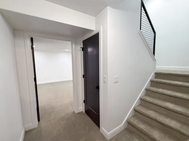Carpeted staircase with black metal grid railing, dark paneled door, and white walls
