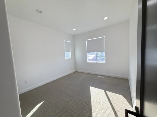Recessed ceiling lighting, multiple windows with roller shades, neutral carpeting, and a light wall color