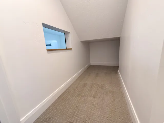 Built-in recessed shelving with a wood-finish ledge, neutral carpeting, and white wall finishes