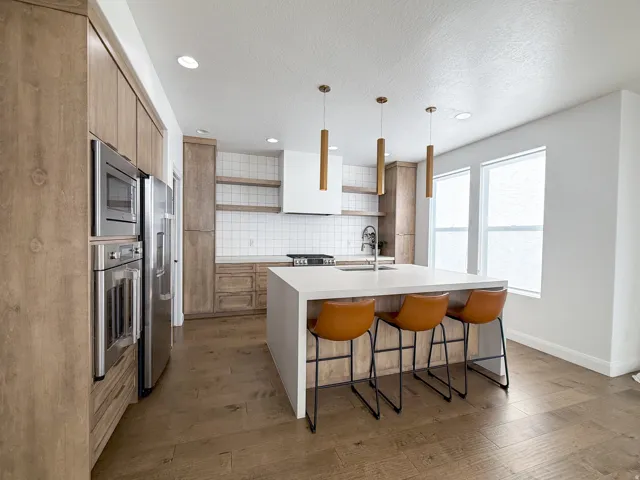Wood-finish flooring with recessed lighting