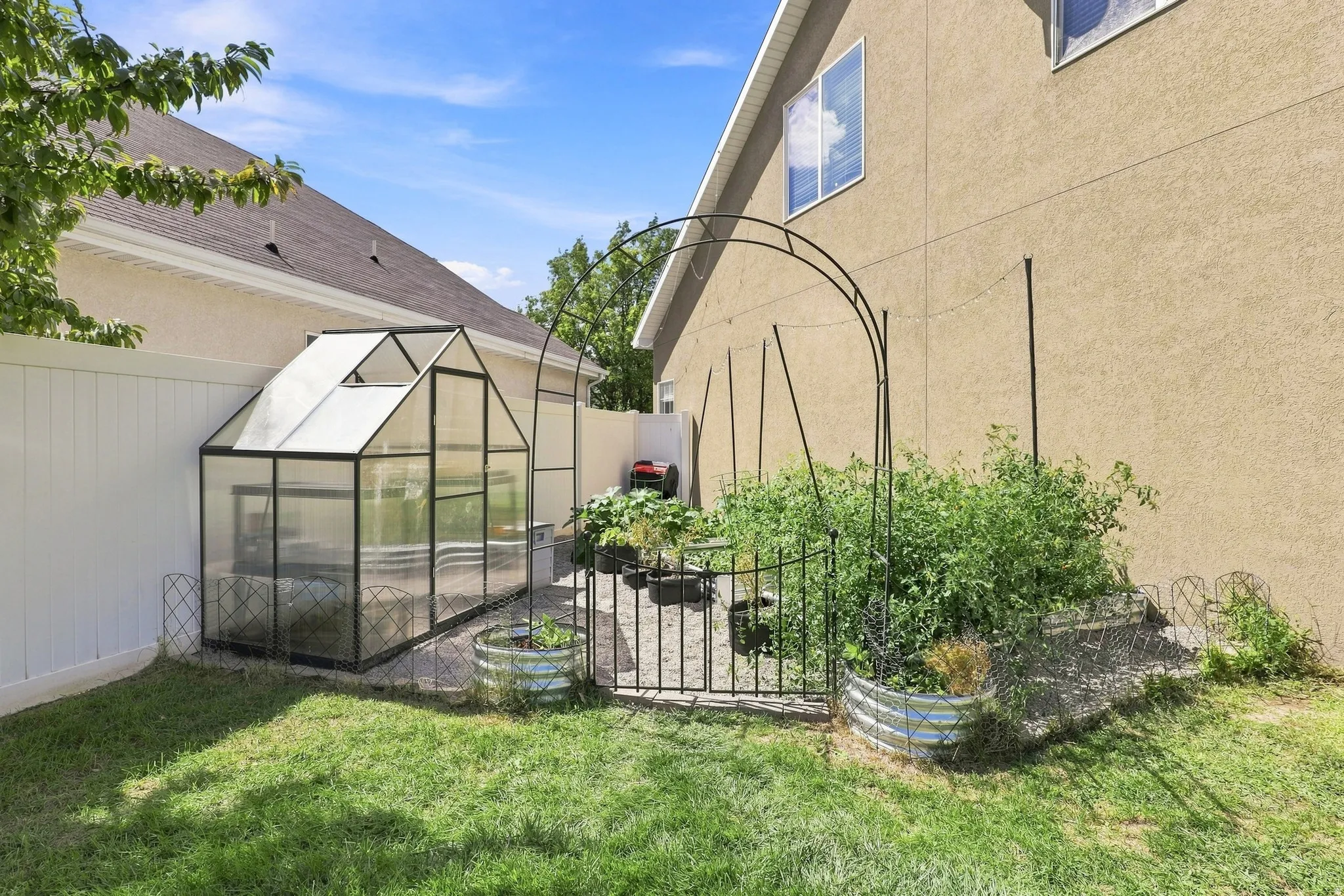 Greenhouse structure, white privacy fence, raised garden beds, and arched garden trellis