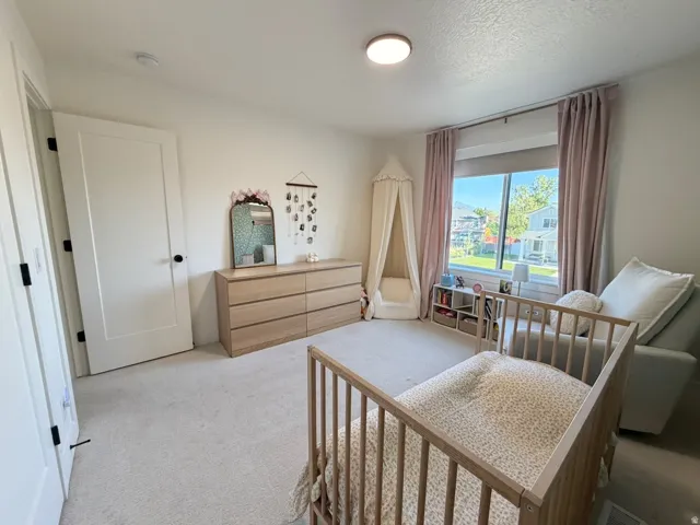 Bright interior featuring light-colored carpeting, a contemporary flush-mount ceiling light, and a large window with soft-toned drapes