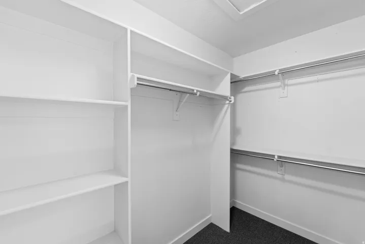 Built-in shelving, chrome hanging rods, and dark gray carpet flooring