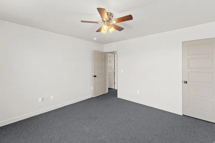 Neutral wall paint, textured gray carpeting, paneled interior doors, and a ceiling fan with integrated lighting