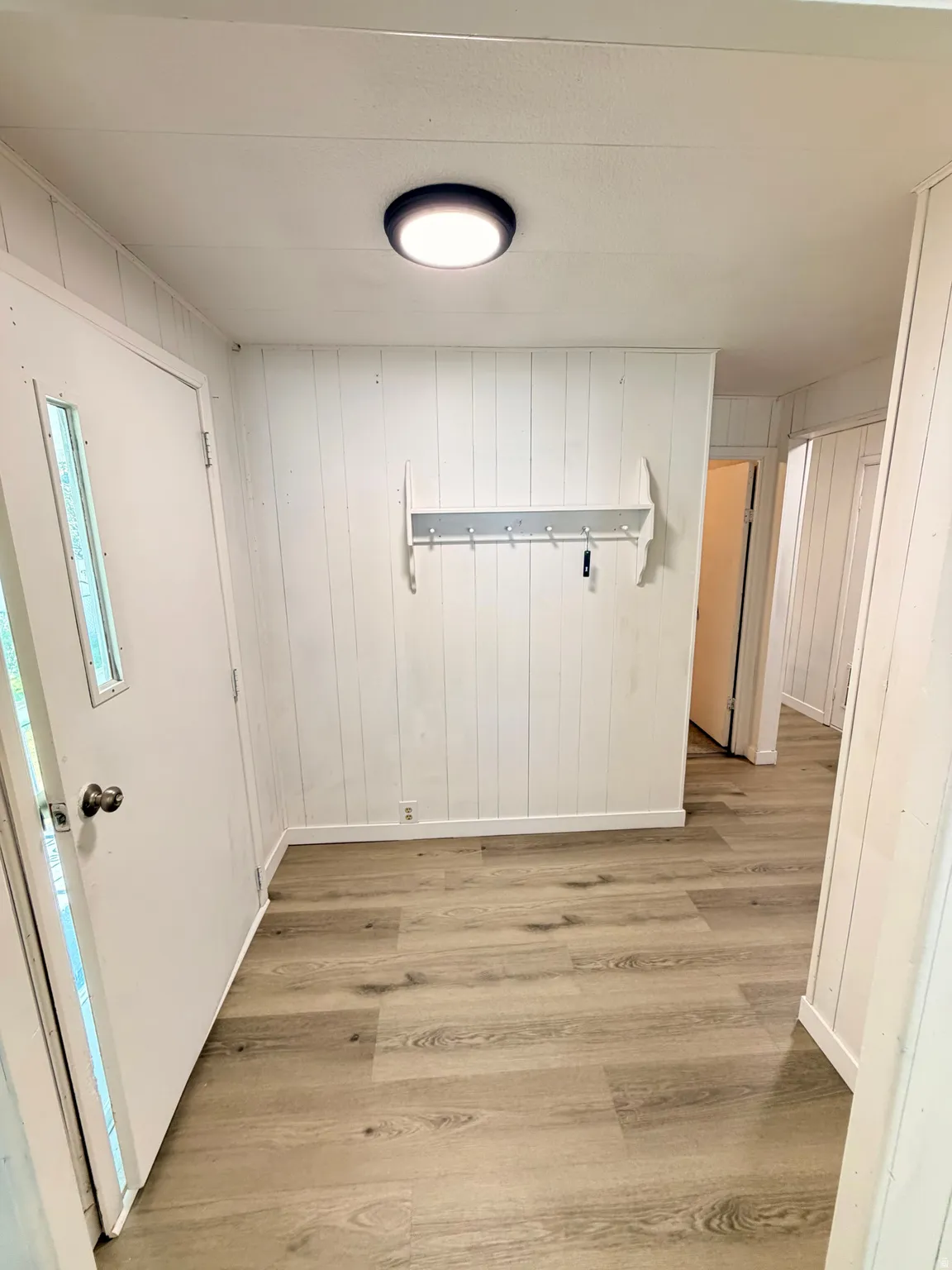 Wood-finish flooring, vertical paneling, and an overhead flush-mount light fixture