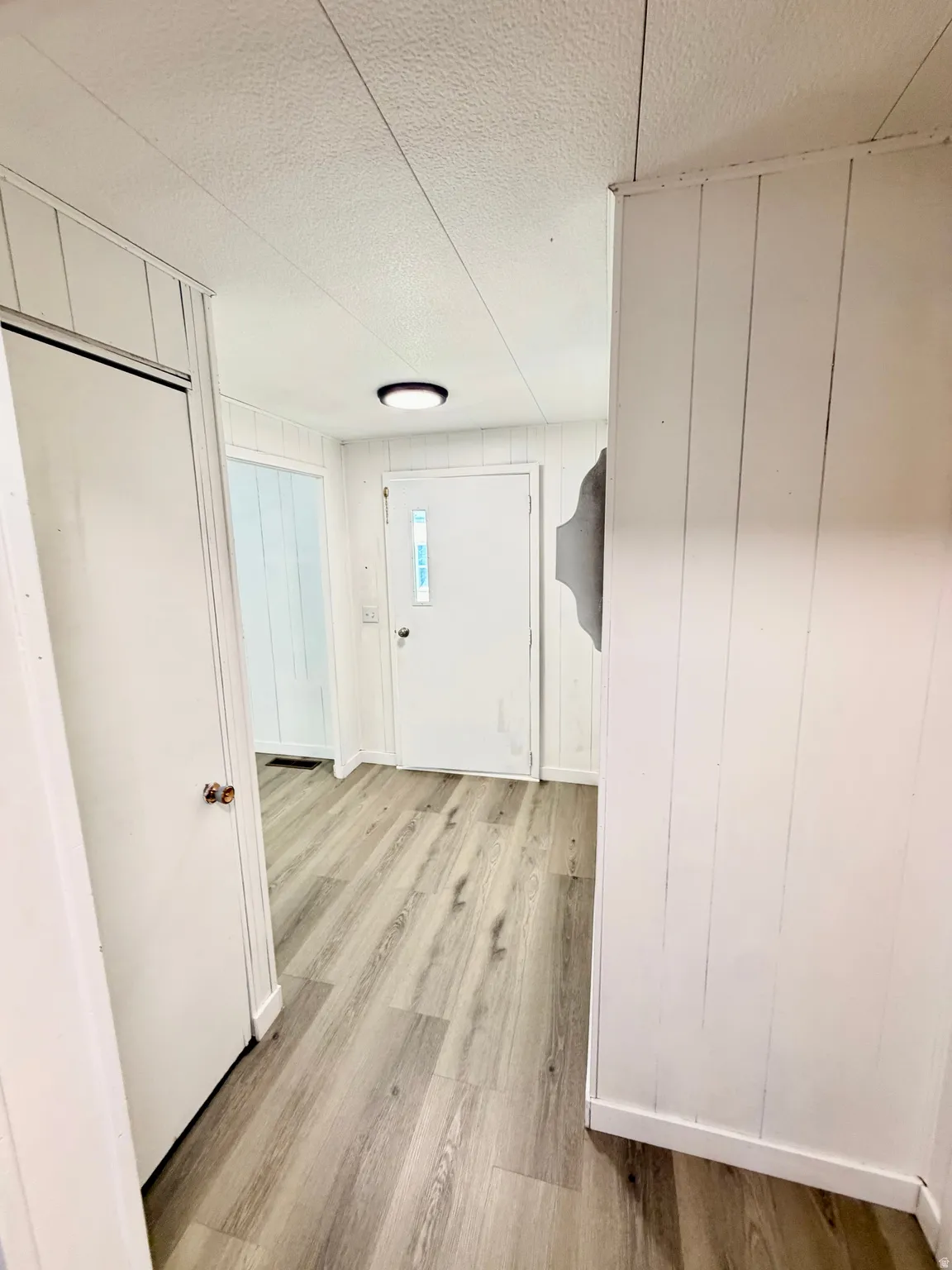 Wood-finish flooring throughout, bright white interior doors, and overhead lighting fixture