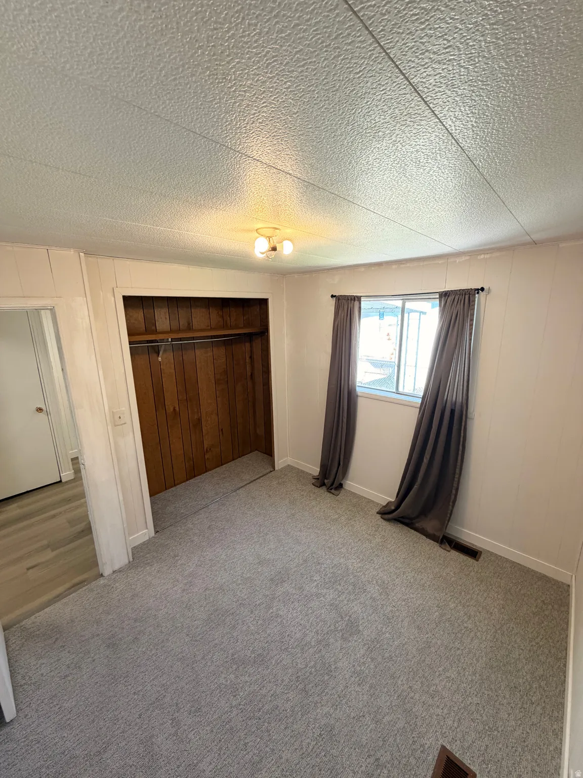 Wall-to-wall carpeting, wood-paneled closet, and a two-light flush-mount ceiling fixture