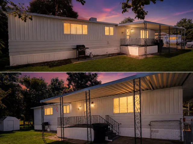 Exterior Property View. Depicting the manufactured home from multiple exterior angles under dusk lighting conditions