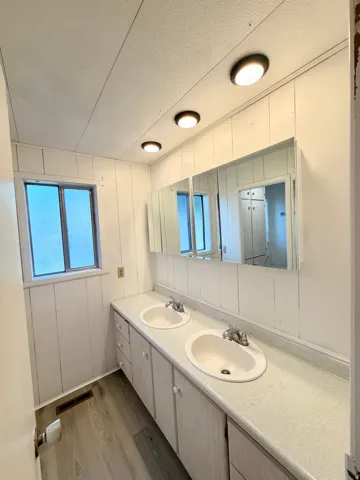 Dual basin vanity with extensive under-sink storage, laminate countertops, and multiple mirrored medicine cabinets