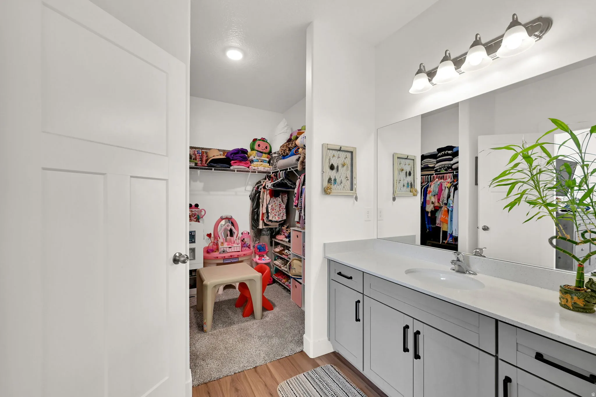 Built-in shelving and hanging rods within the closet