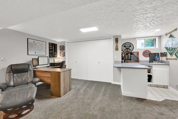 Plush carpeting, built-in shelving, white cabinetry, a compact bar area, and a window with blinds