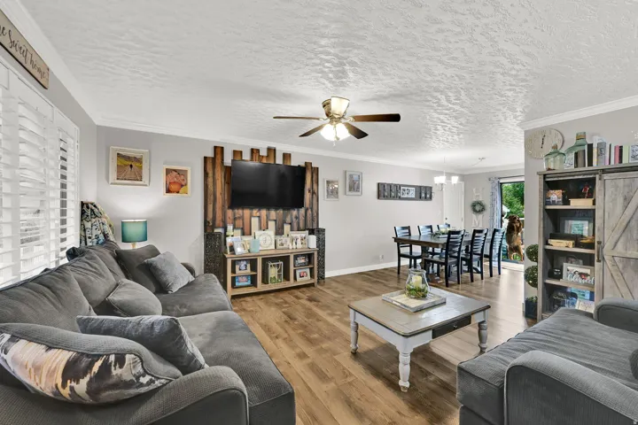 Wood-finish flooring throughout, ceiling fan with integrated lighting, crown molding, plantation shutters, and a built-in media console with a rustic wood accent wall