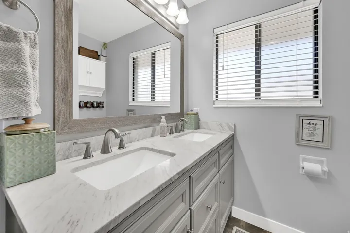 Double vanity with integrated sinks, light gray cabinetry, and a light-toned countertop