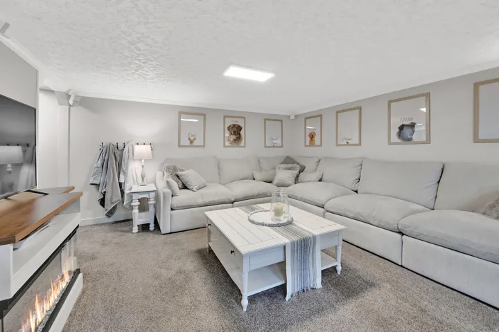 Recessed electric fireplace with a wood-finish mantel, wall-to-wall carpeting, and crown molding