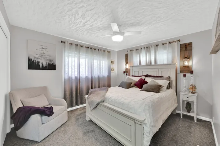 Recessed windows with curtain rods, overhead ceiling fan with lighting, wall-mounted light fixtures, and plush carpeting