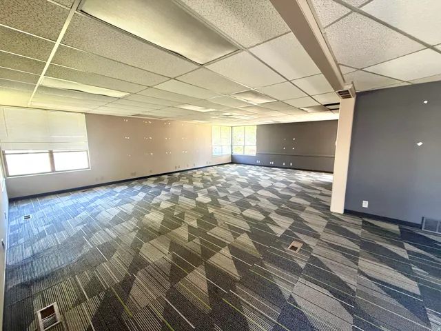 Expansive room featuring patterned carpet flooring, drop ceiling with integrated lighting, multiple windows with blinds, and painted walls